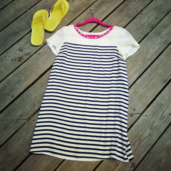 Madison Marcus Silk Ivory & Navy Stripe Dress - Picture 1 of 7